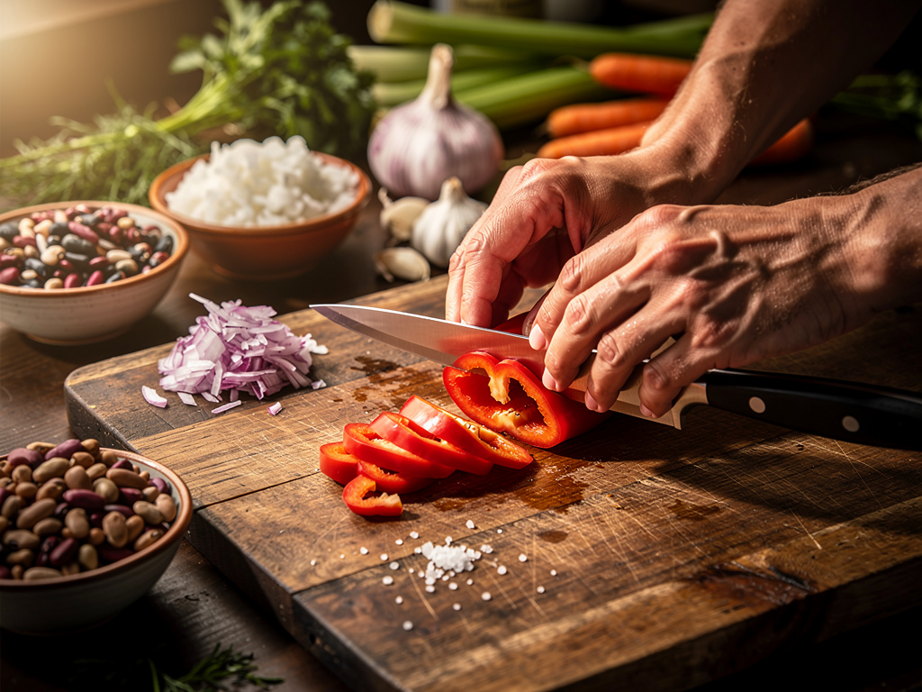 Preparing the vegetables for cooking.