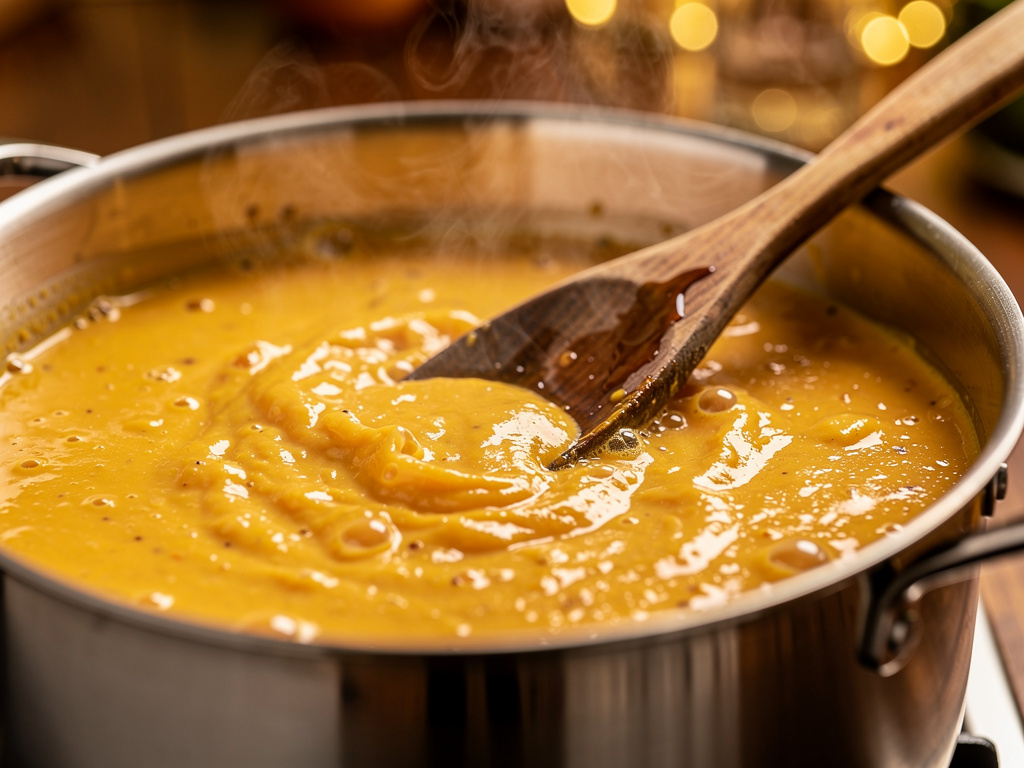 Letting the soup simmer to develop rich flavors.