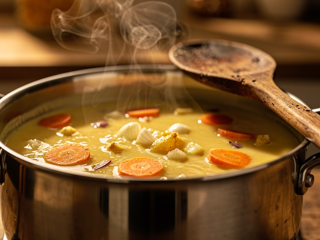 Letting the soup simmer to develop rich flavors.