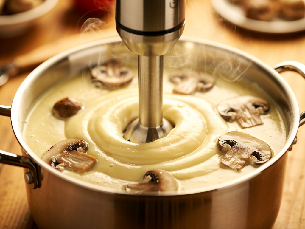 Blending the soup until smooth and creamy.