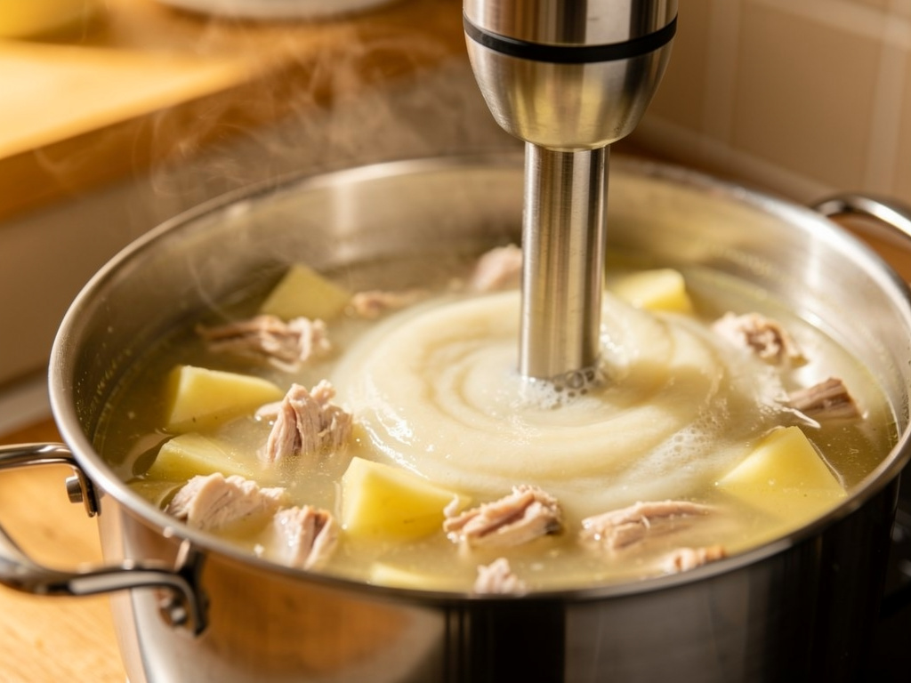 Blending the soup until smooth and creamy.