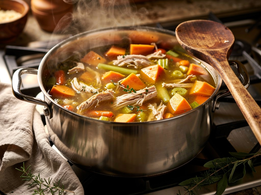 Letting the soup simmer to develop rich flavors.