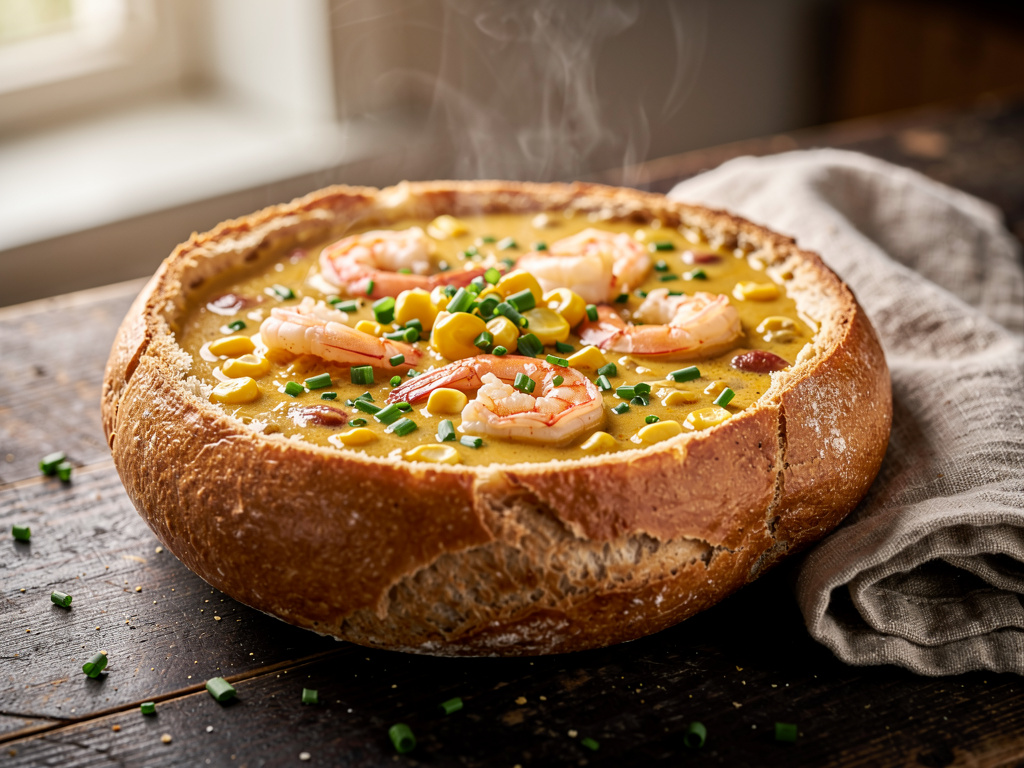 Chilli Corn Soup with Seared Prawns