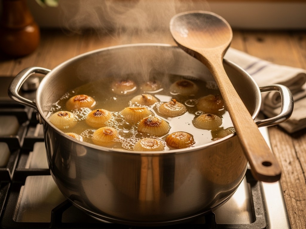 Letting the soup simmer to develop rich flavors.