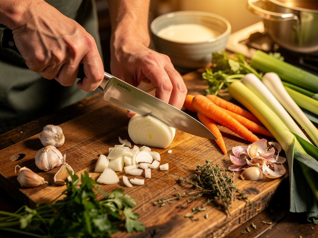 Preparing the vegetables for cooking.
