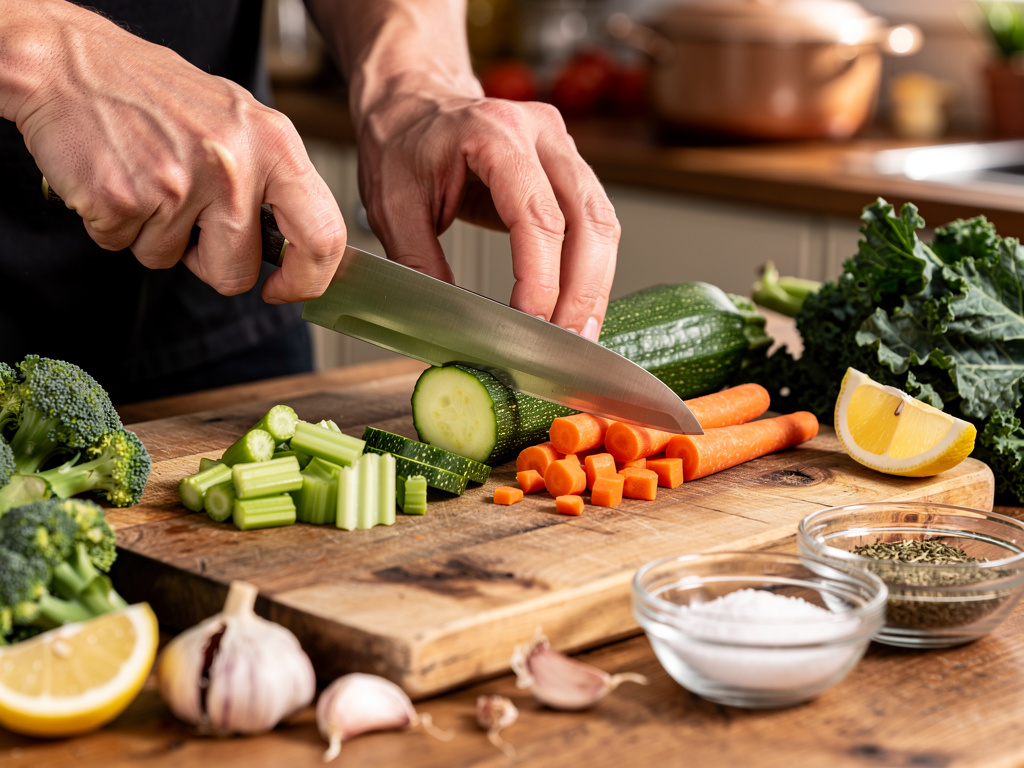 Preparing the vegetables for cooking.