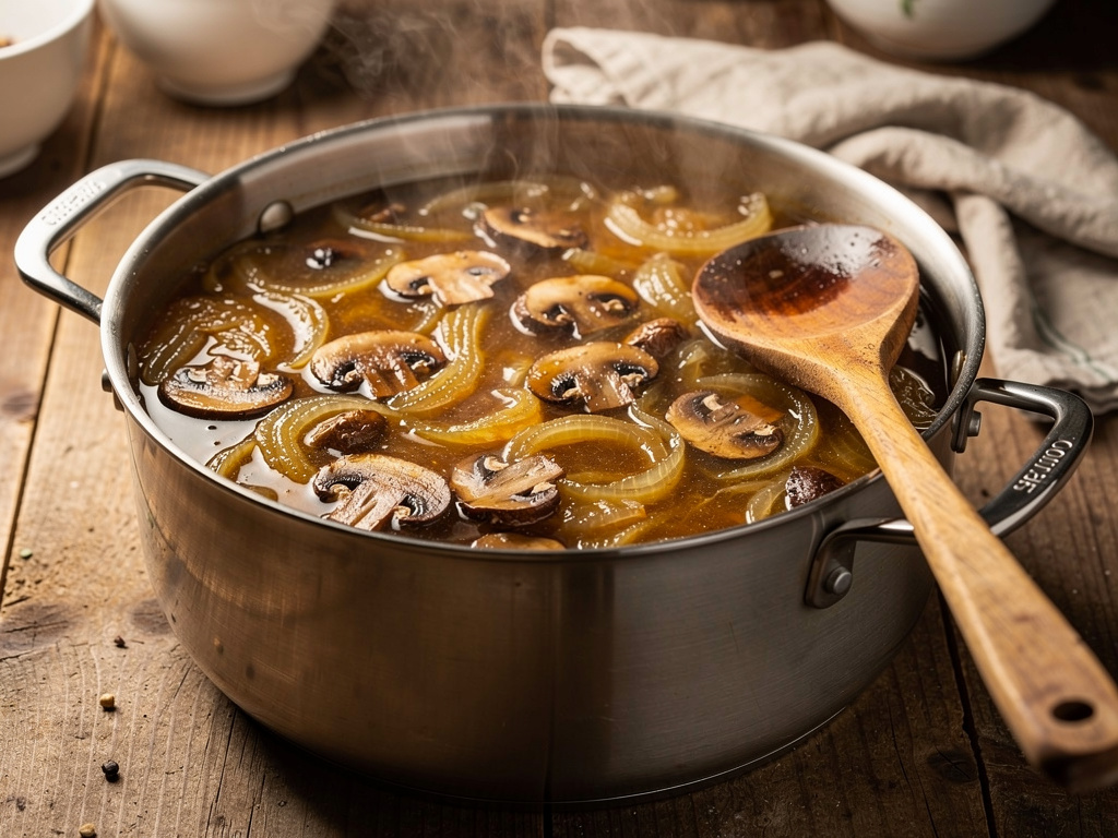 Letting the soup simmer to develop rich flavors.