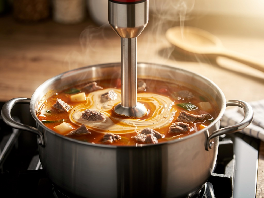 Blending the soup until smooth and creamy.