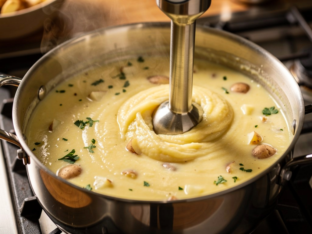 Blending the soup until smooth and creamy.