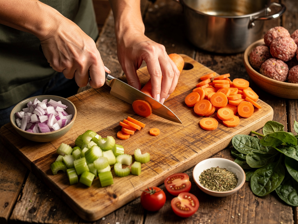 Preparing the vegetables for cooking.
