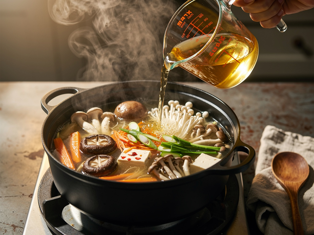 Adding the key ingredients to the pot.