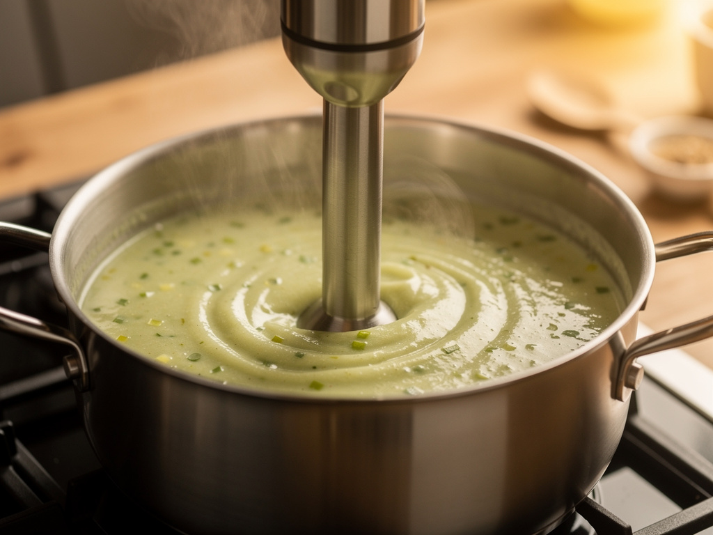 Blending the soup until smooth and creamy.