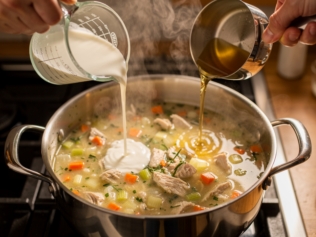 Add the liquid ingredients and bring to a gentle simmer.