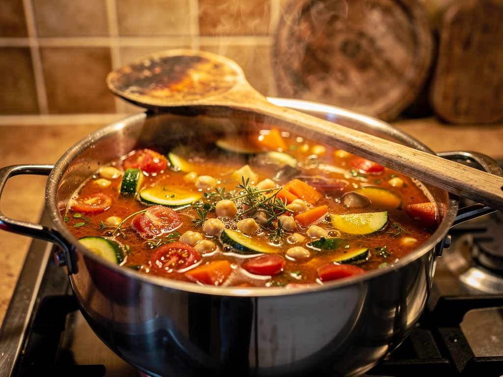 Letting the soup simmer to develop rich flavors.