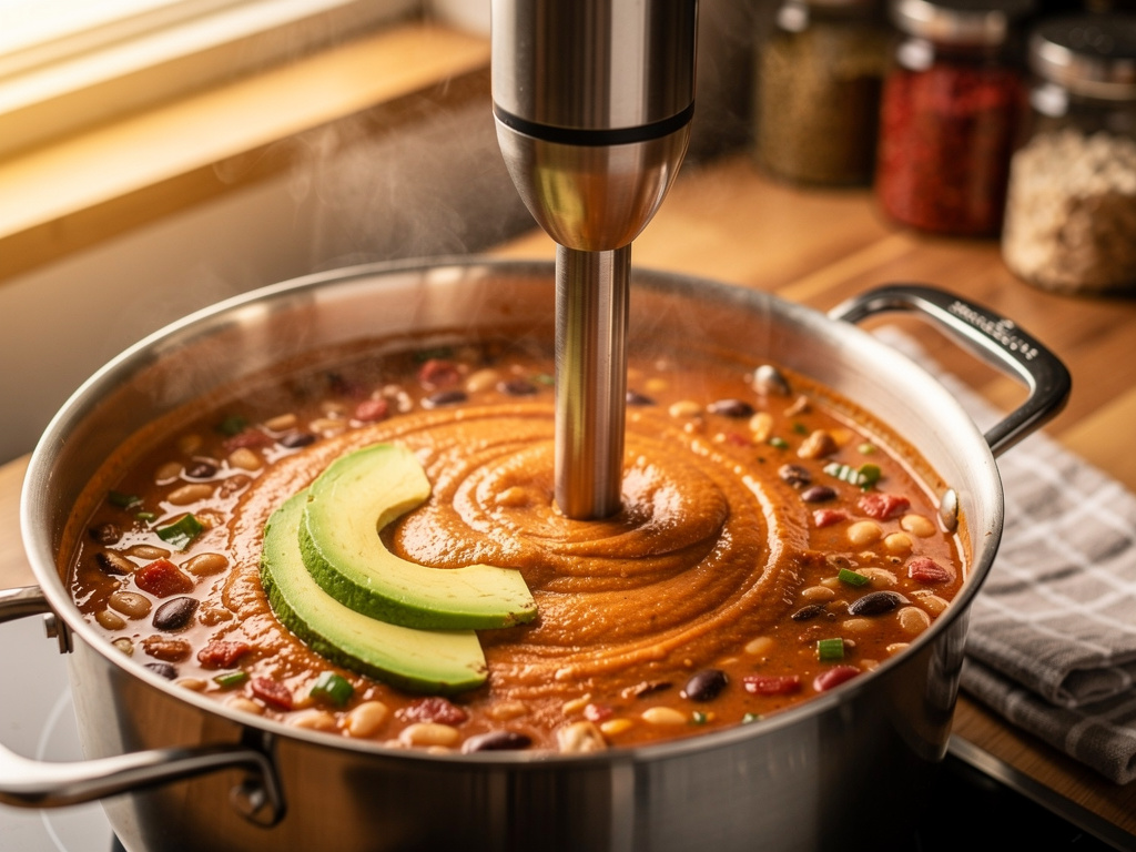 Blending the soup until smooth and creamy.