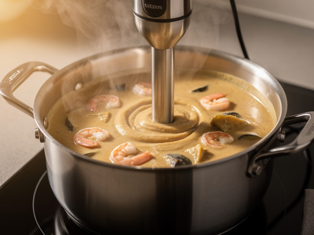 Blending the soup until smooth and creamy.