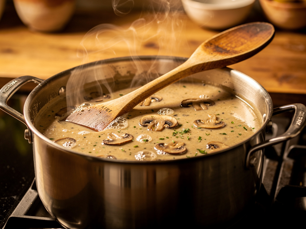Letting the soup simmer to develop rich flavors.