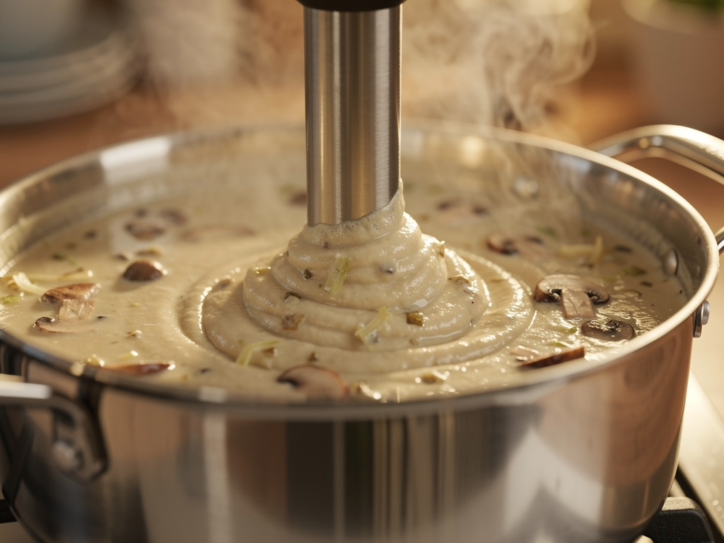 Blending the soup until smooth and creamy.