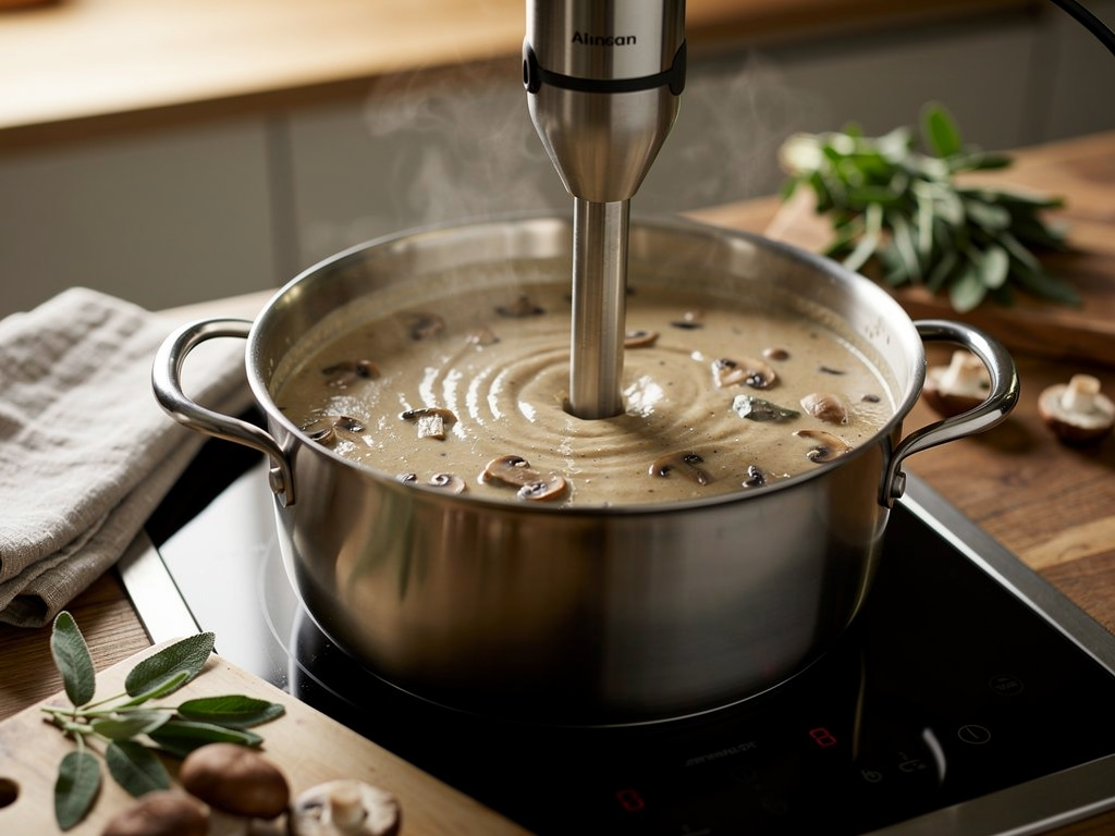 Blending the soup until smooth and creamy.