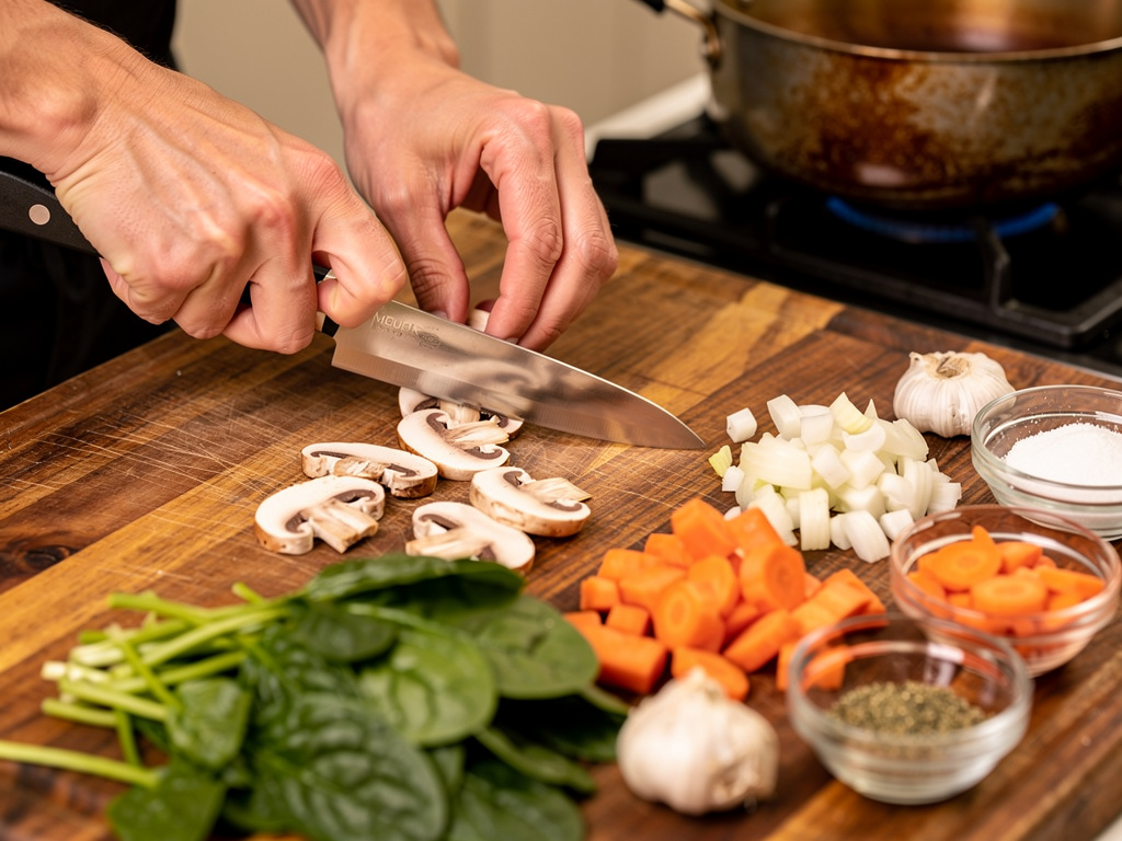 Sliced cremini mushrooms ready for browning — the most important step in this recipe.