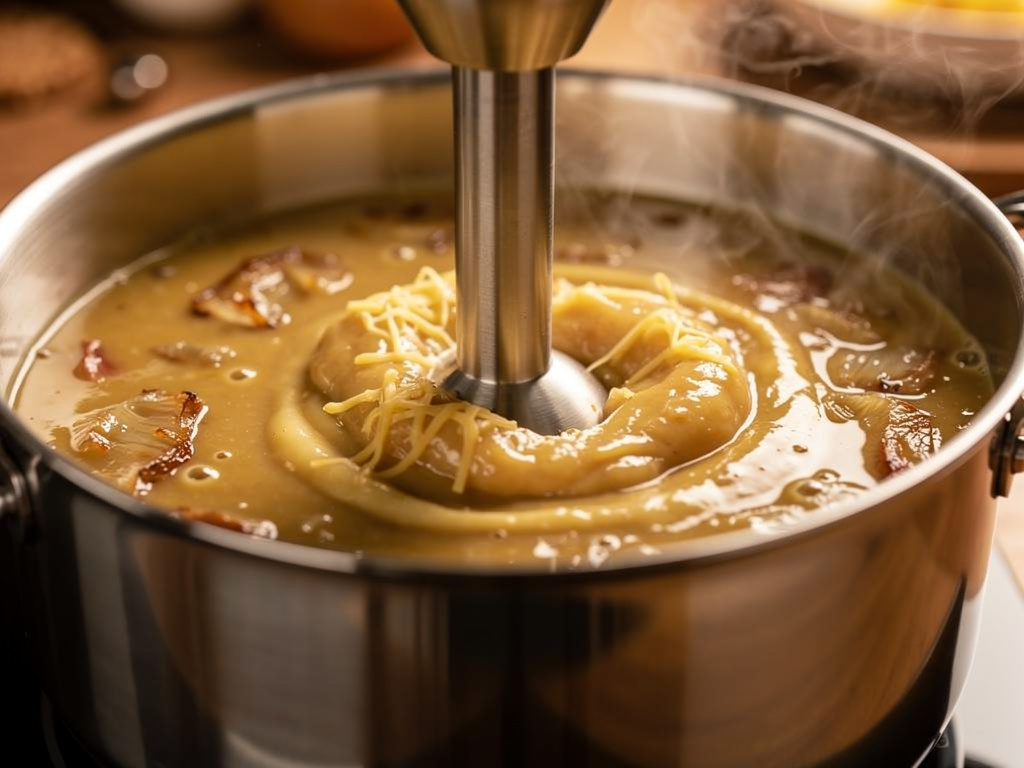 Blending the soup until smooth and creamy.