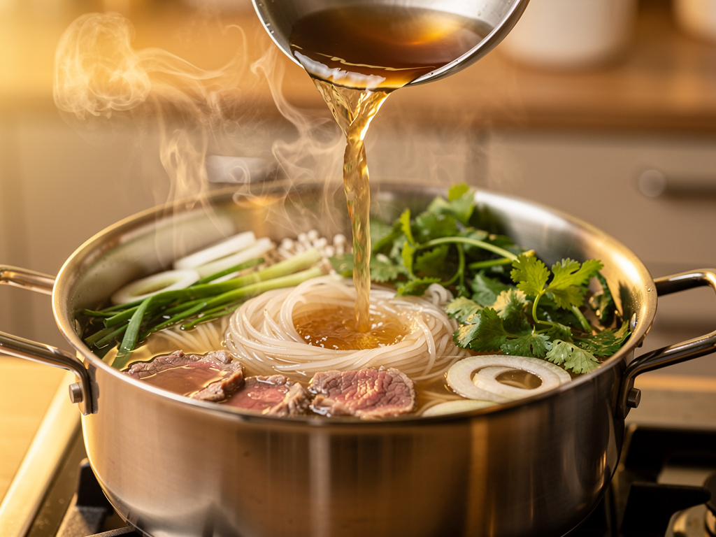 Ladling the boiling broth over thinly sliced beef — the hot broth cooks it instantly.