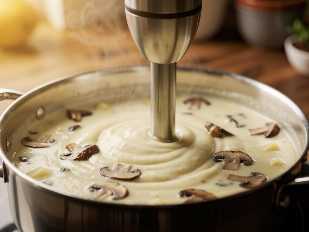 Blending the soup until smooth and creamy.