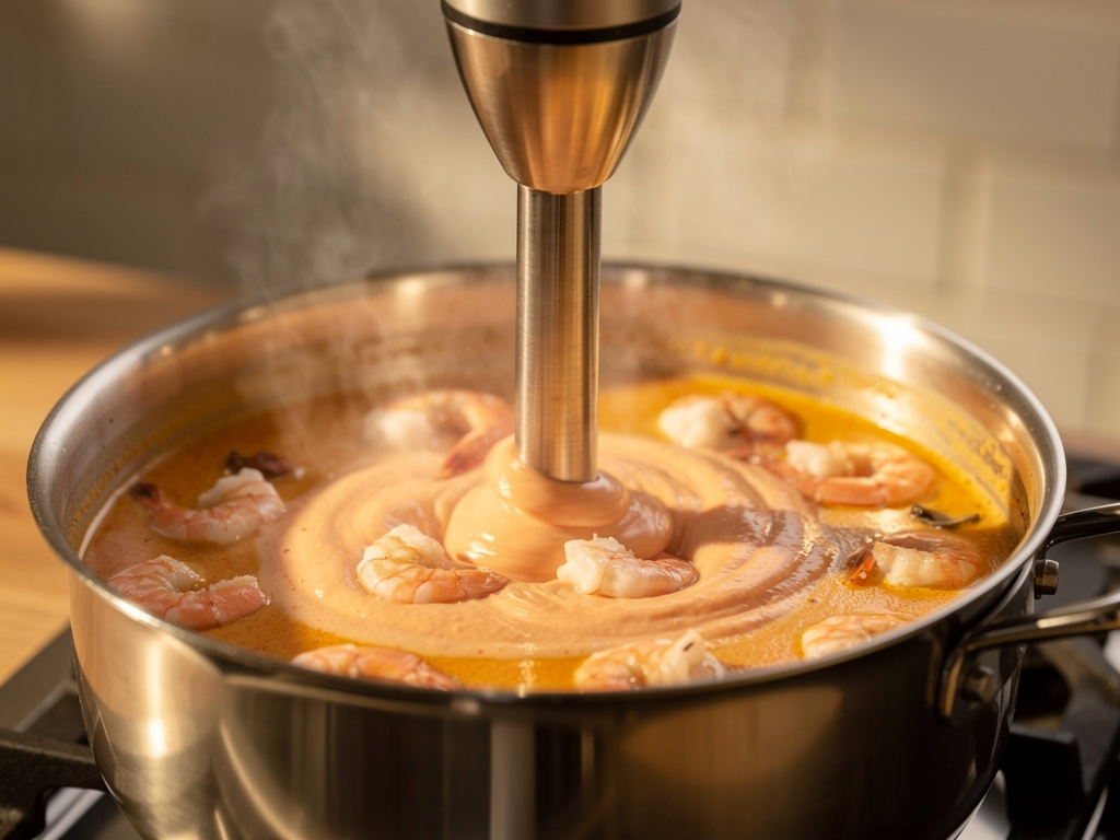 Blending the soup until smooth and creamy.