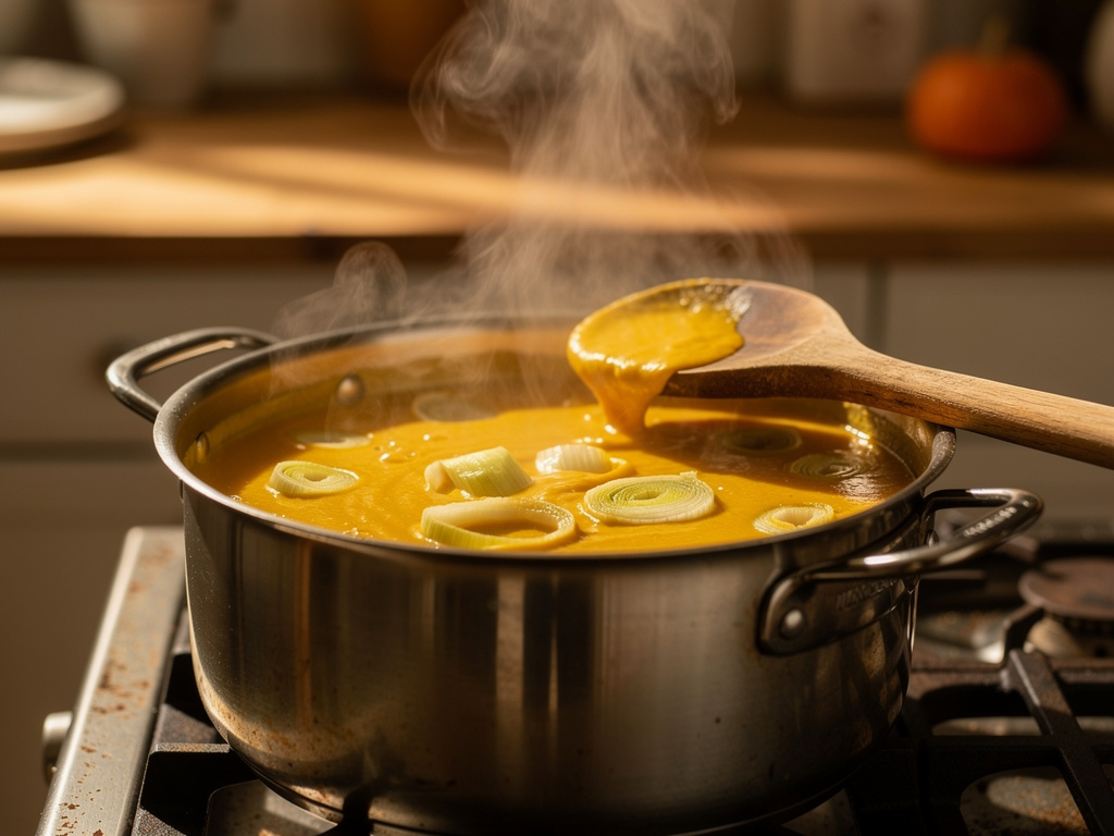 Letting the soup simmer to develop rich flavors.