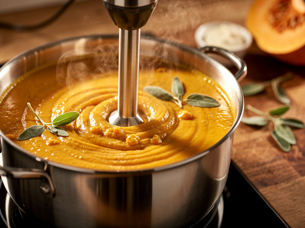 Blending the soup until smooth and creamy.