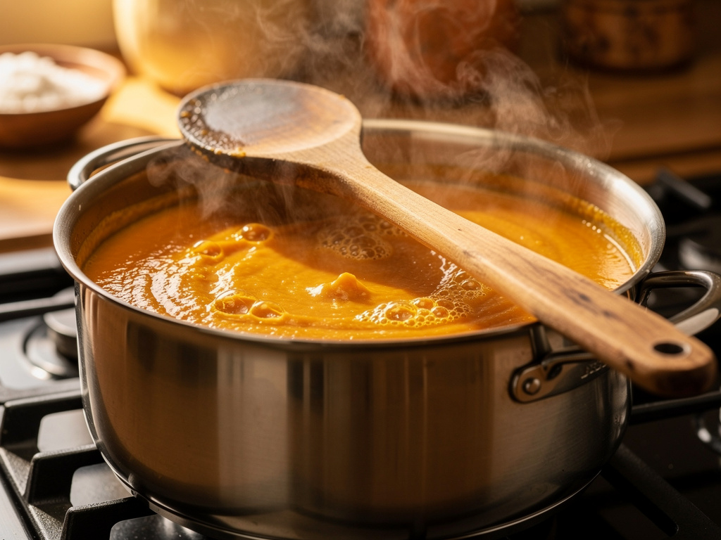 Letting the soup simmer to develop rich flavors.