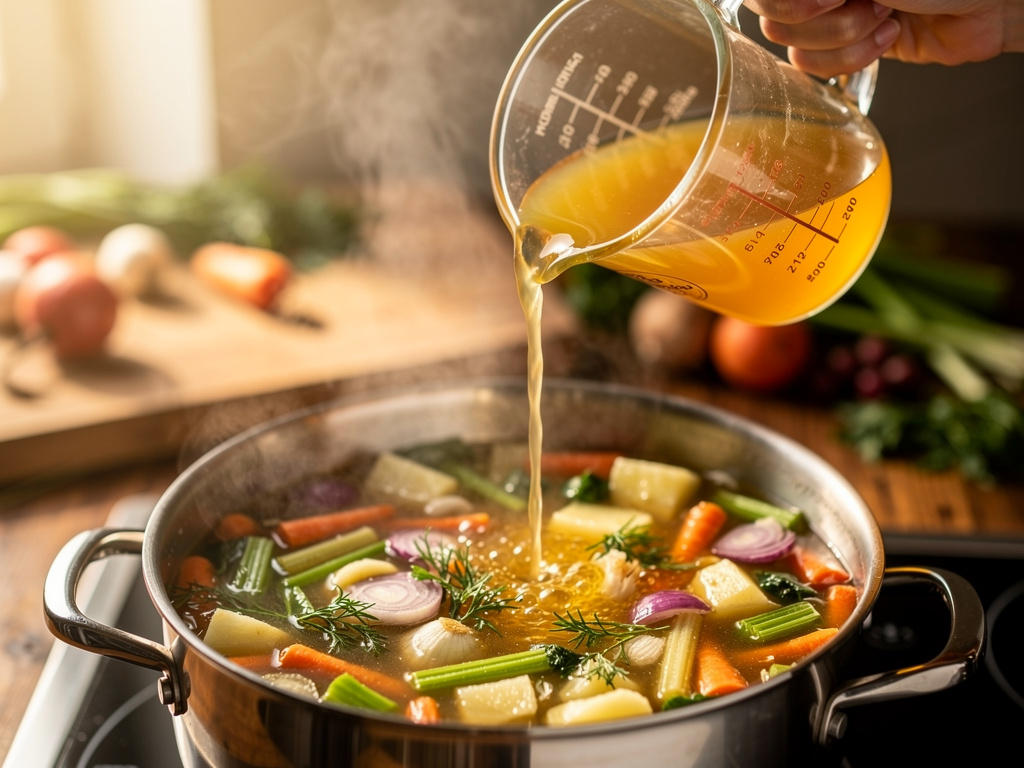 Add the liquid ingredients and bring to a gentle simmer.