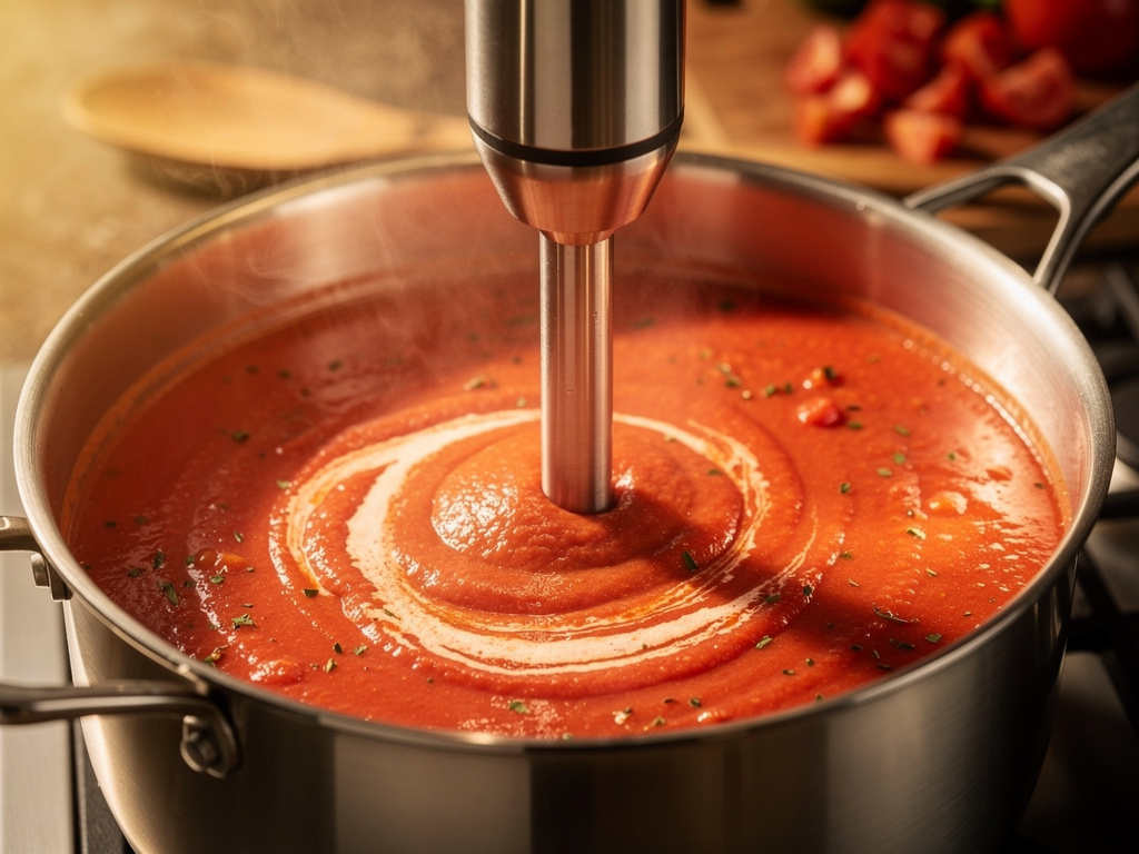 Blending the soup until smooth and creamy.