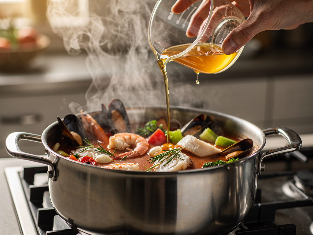 Adding the key ingredients to the pot.