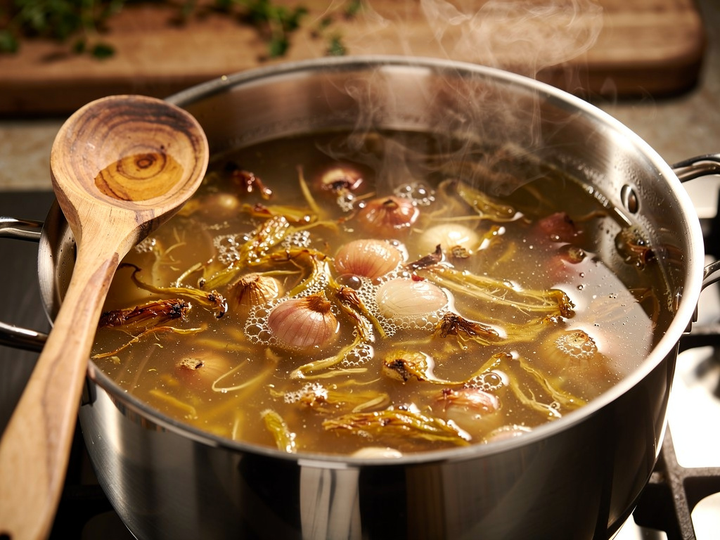 Letting the soup simmer to develop rich flavors.