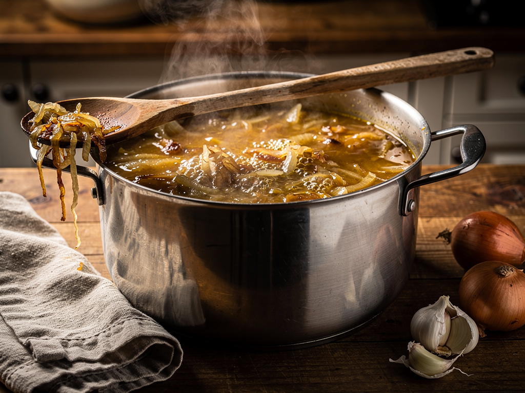 Letting the soup simmer to develop rich flavors.