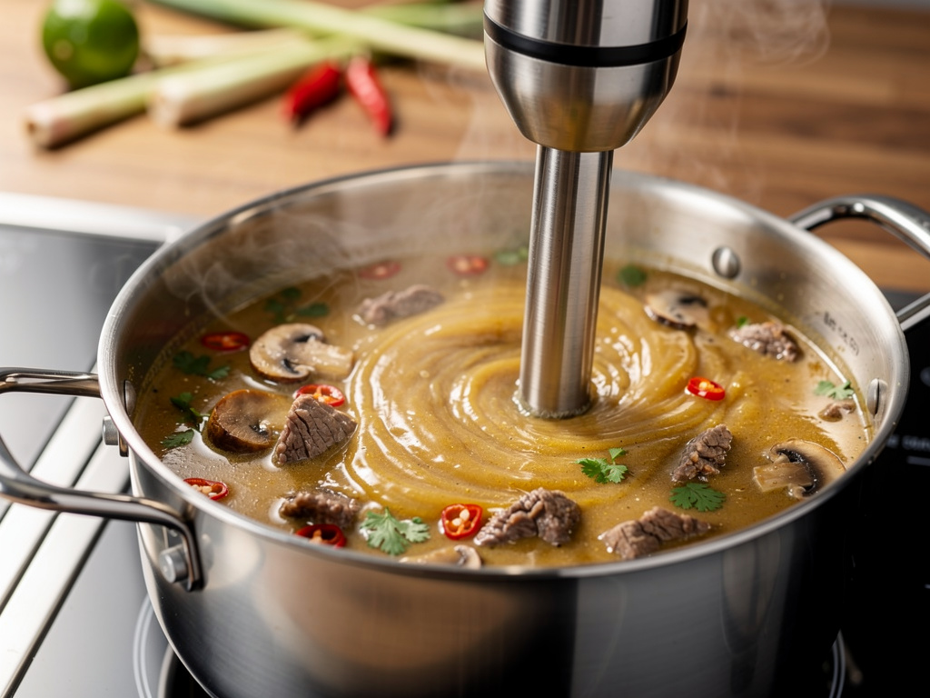 Blending the soup until smooth and creamy.