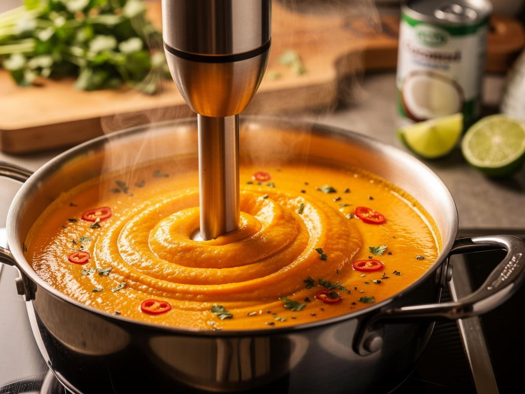 Blending the soup until smooth and creamy.