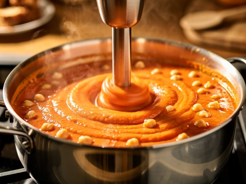 Blending the soup until smooth and creamy.