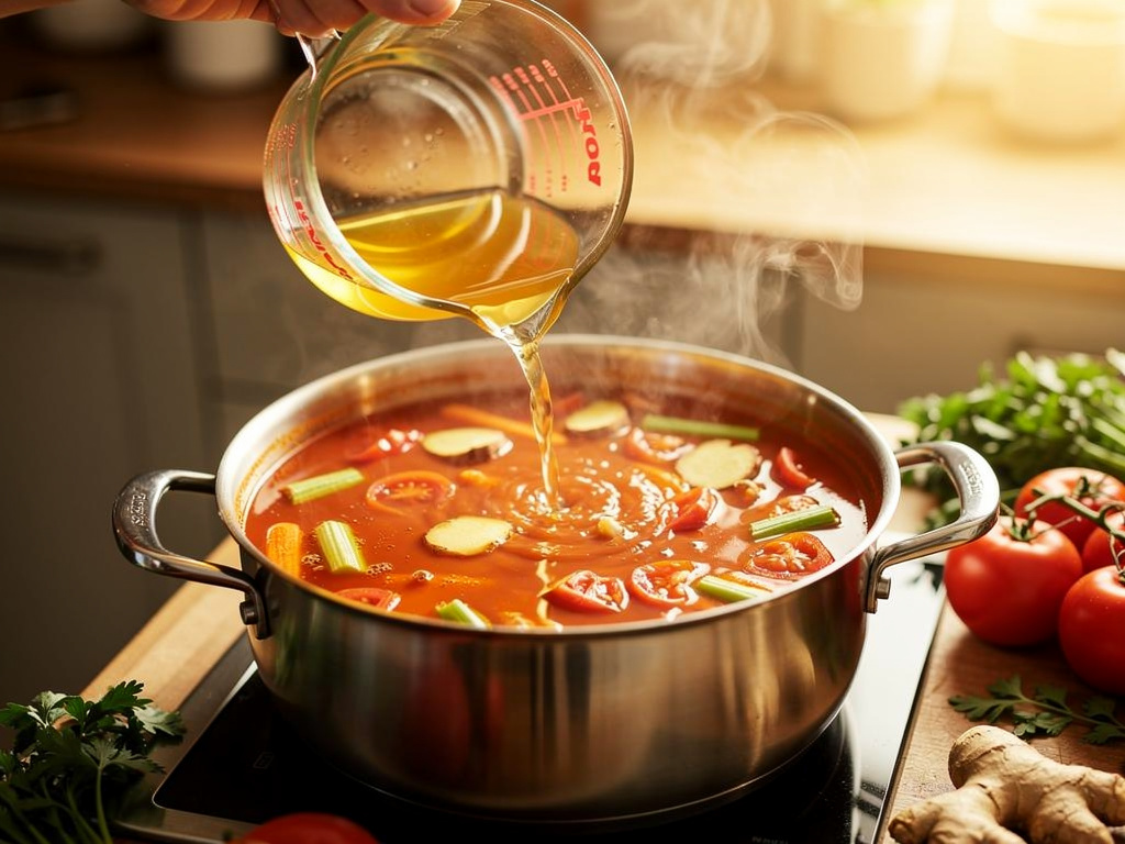 Adding the key ingredients to the pot.