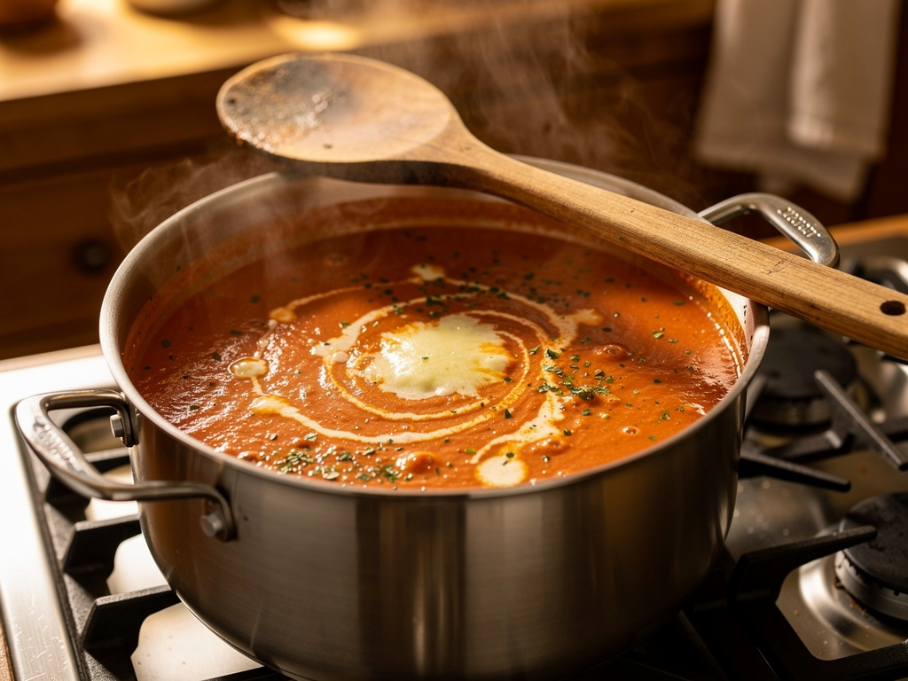 Letting the soup simmer to develop rich flavors.