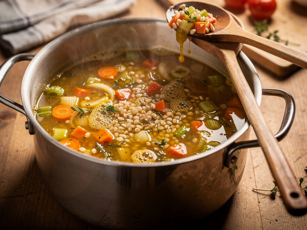 Letting the soup simmer to develop rich flavors.